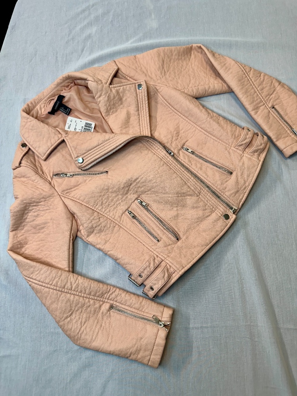 NWT Forever 21 Blush Pink Faux Leather Moto Jacket Zipper Side Buckles Sz Large